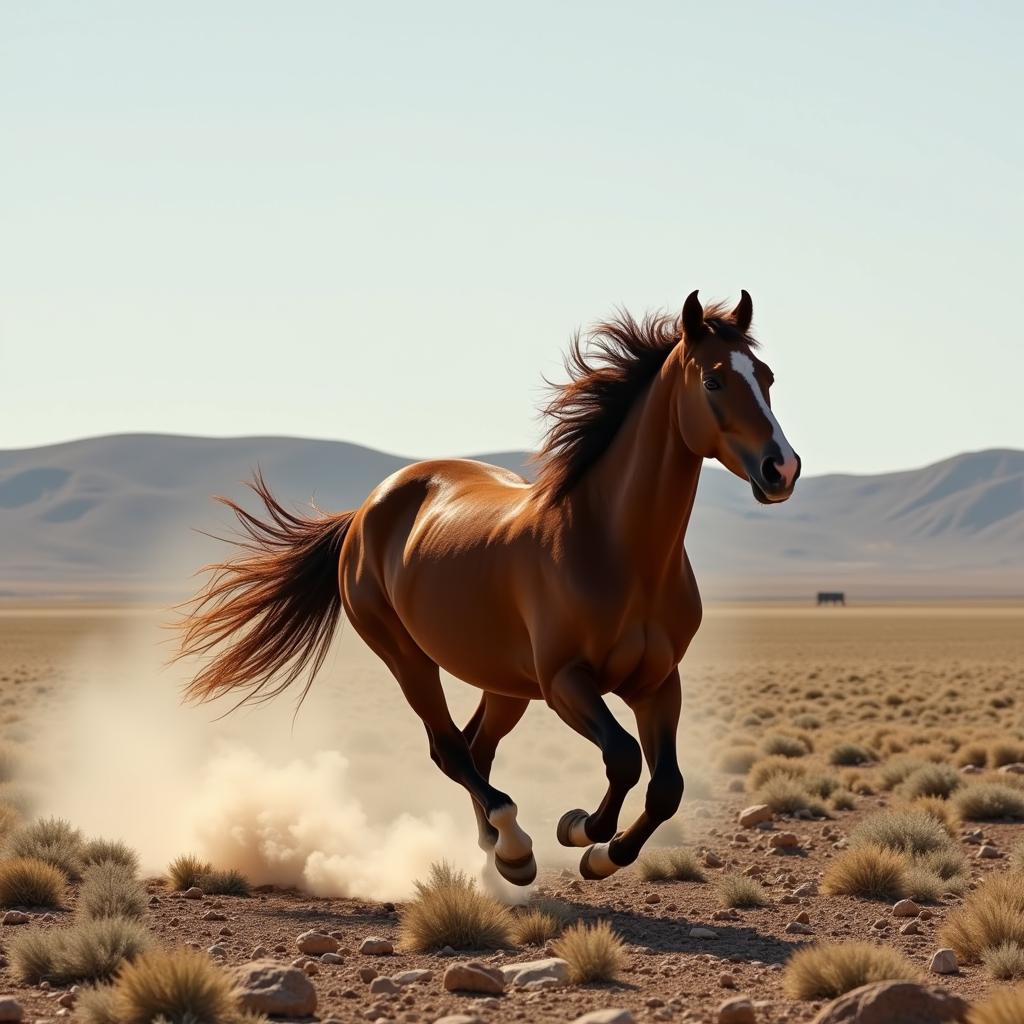 A maverick horse running free across an open plain