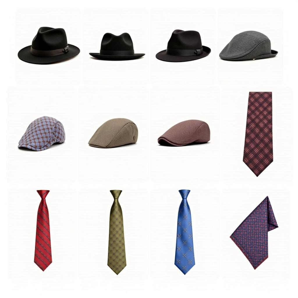 Close-up of men's accessories at a horse race: hats, ties, and pocket squares.