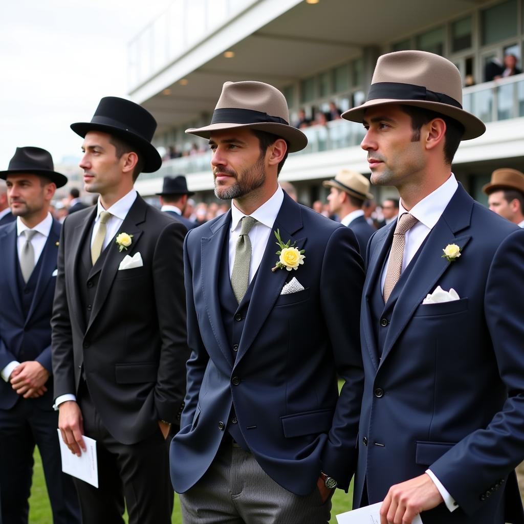 Men in formal suits at a horse race