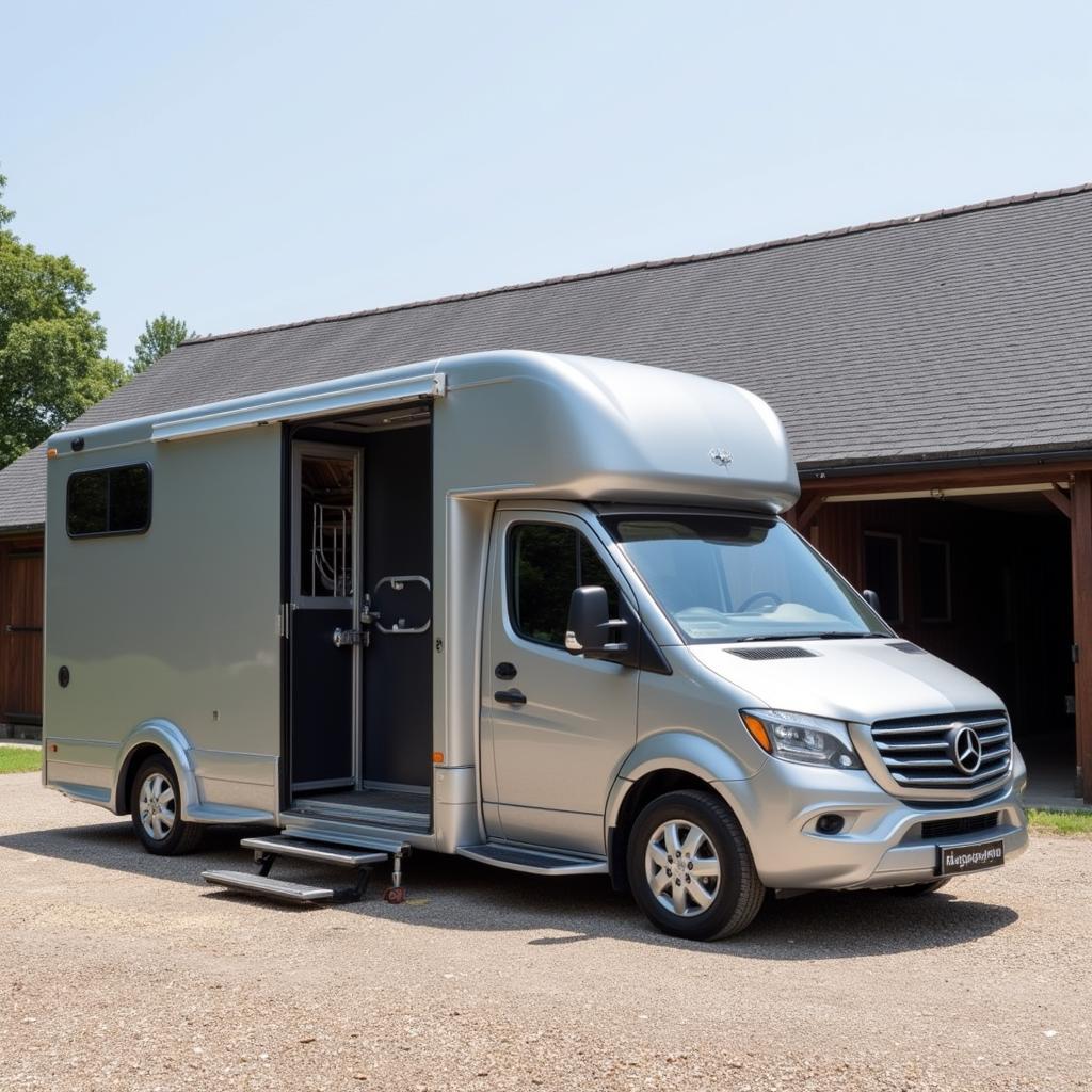 Luxury Mercedes Horse Trailer: A sleek, silver Mercedes horse trailer parked in front of a sprawling stable, showcasing its spacious interior and modern design.