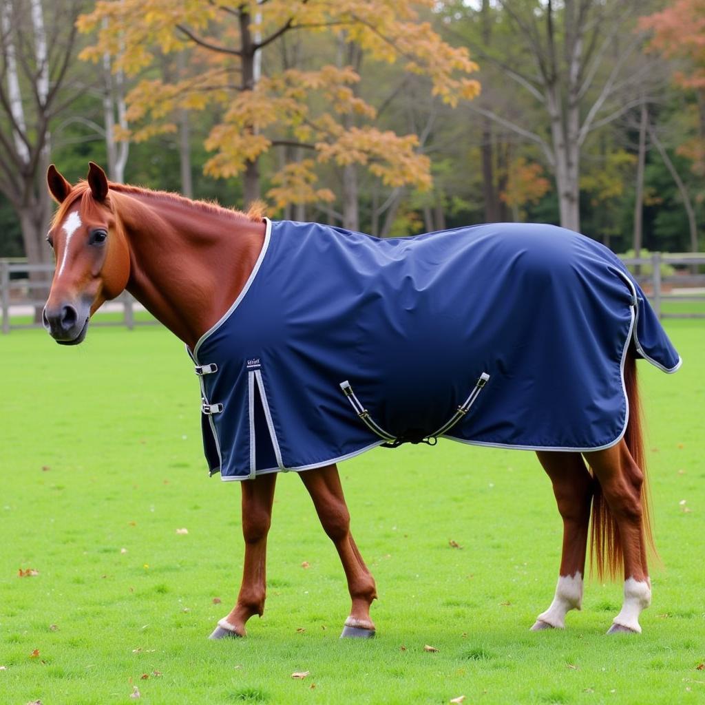 Horse wearing a midweight turnout blanket in a paddock