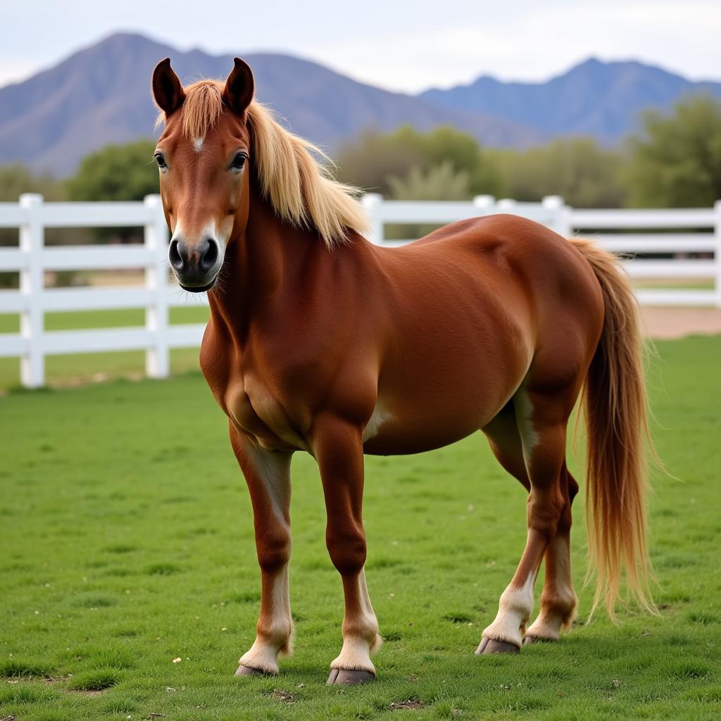 Miniature horse for sale in Arizona, grazing in a paddock.