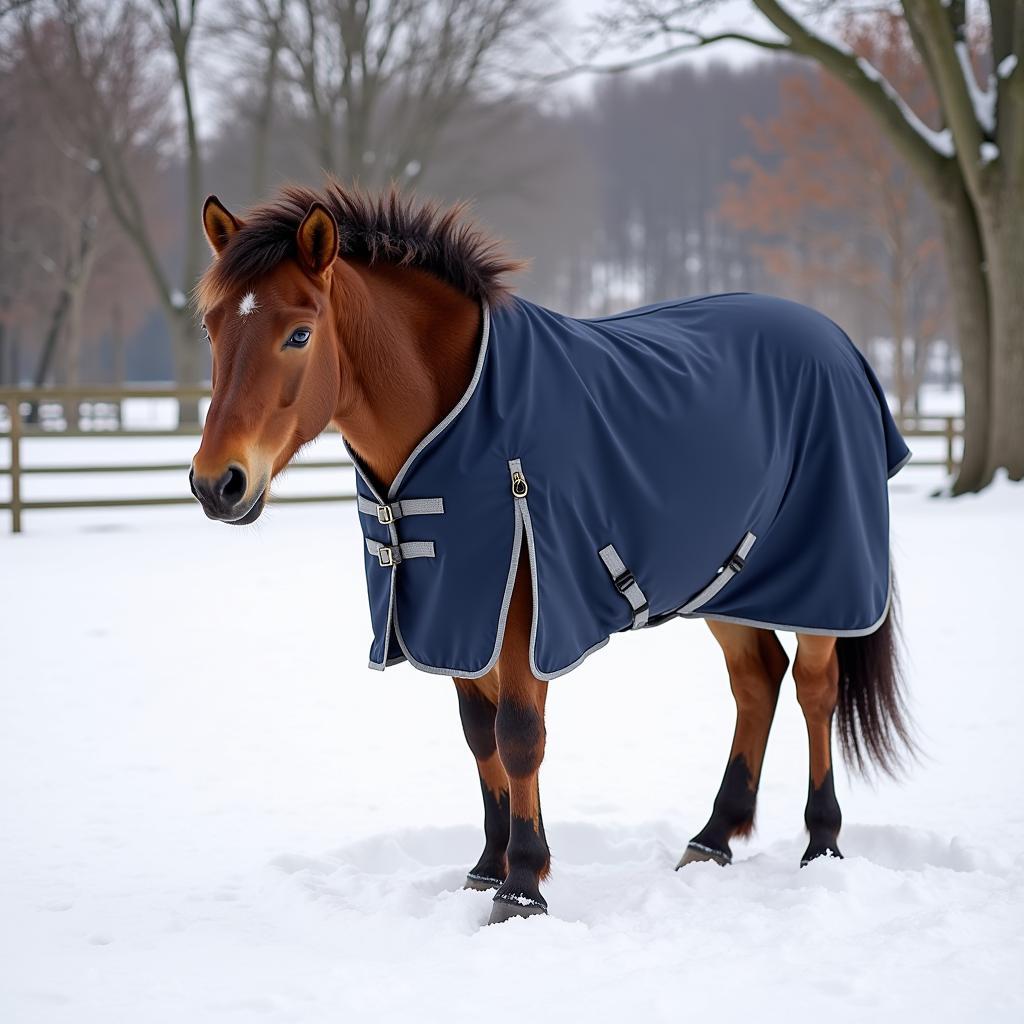 Miniature Horse Wearing a Winter Blanket in Snowy Weather