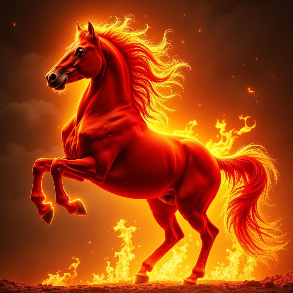 A fiery red horse with flowing mane and tail rearing up against a dramatic backdrop of flames, symbolizing mythical power and energy.