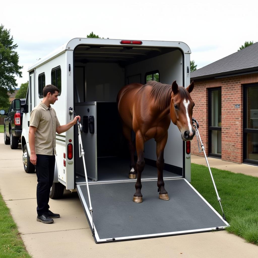 A new horse arriving at its new stable in Chicago