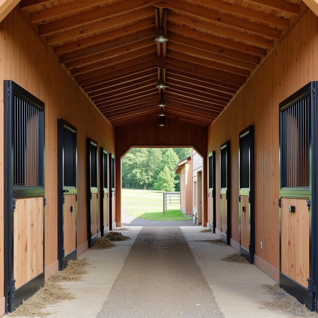 A modern barn on a horse property in Oregon with stalls, tack room, and hay storage.