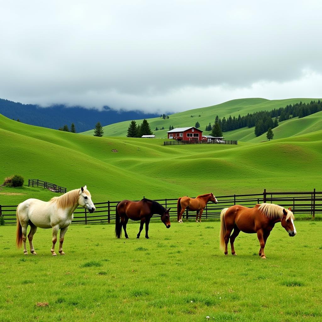 Scenic view of a horse property in Oregon with rolling hills, lush pastures, and a barn in the background.