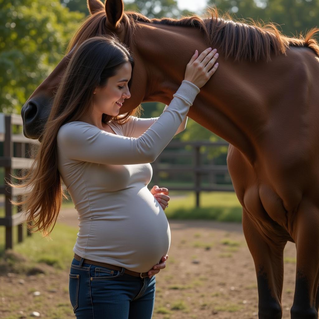 Pregnant woman gently petting her horse