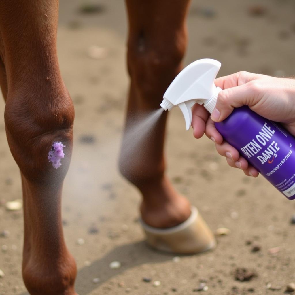 Applying Purple Spray to a Horse's Leg Wound