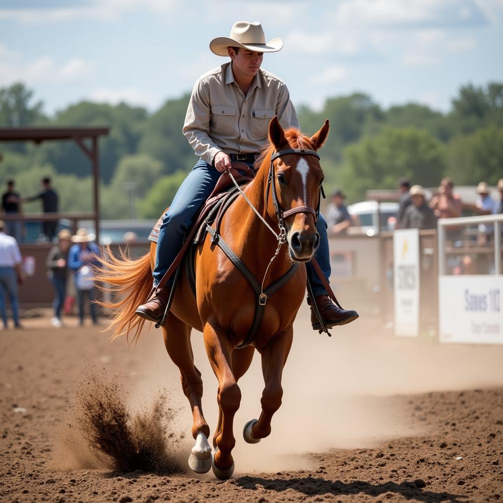 A chestnut quarter horse and rider competing in a western riding event, demonstrating the horse's agility and the rider's skill.