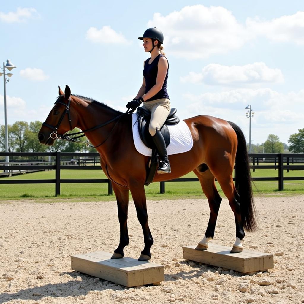 A rider easily mounting their horse using a 4 step mounting block