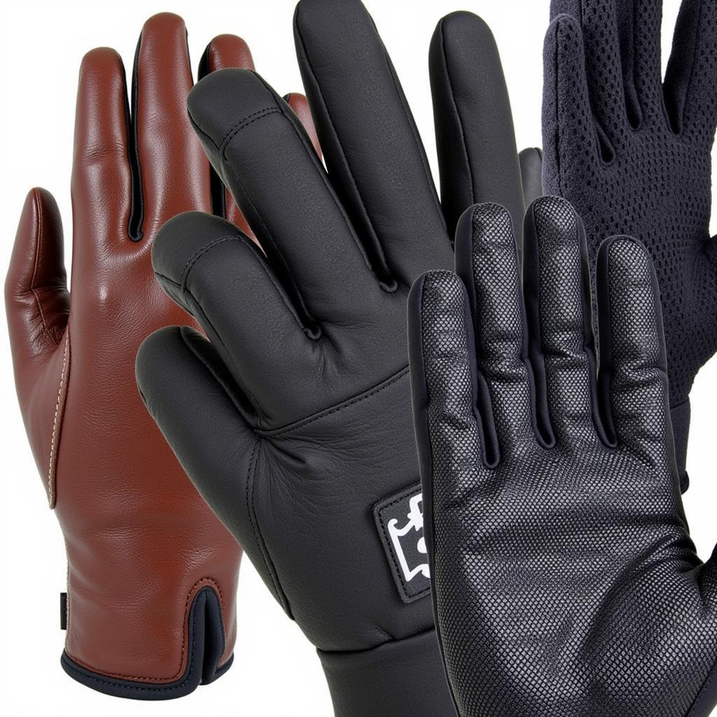 Riding gloves in different materials: leather and synthetic.