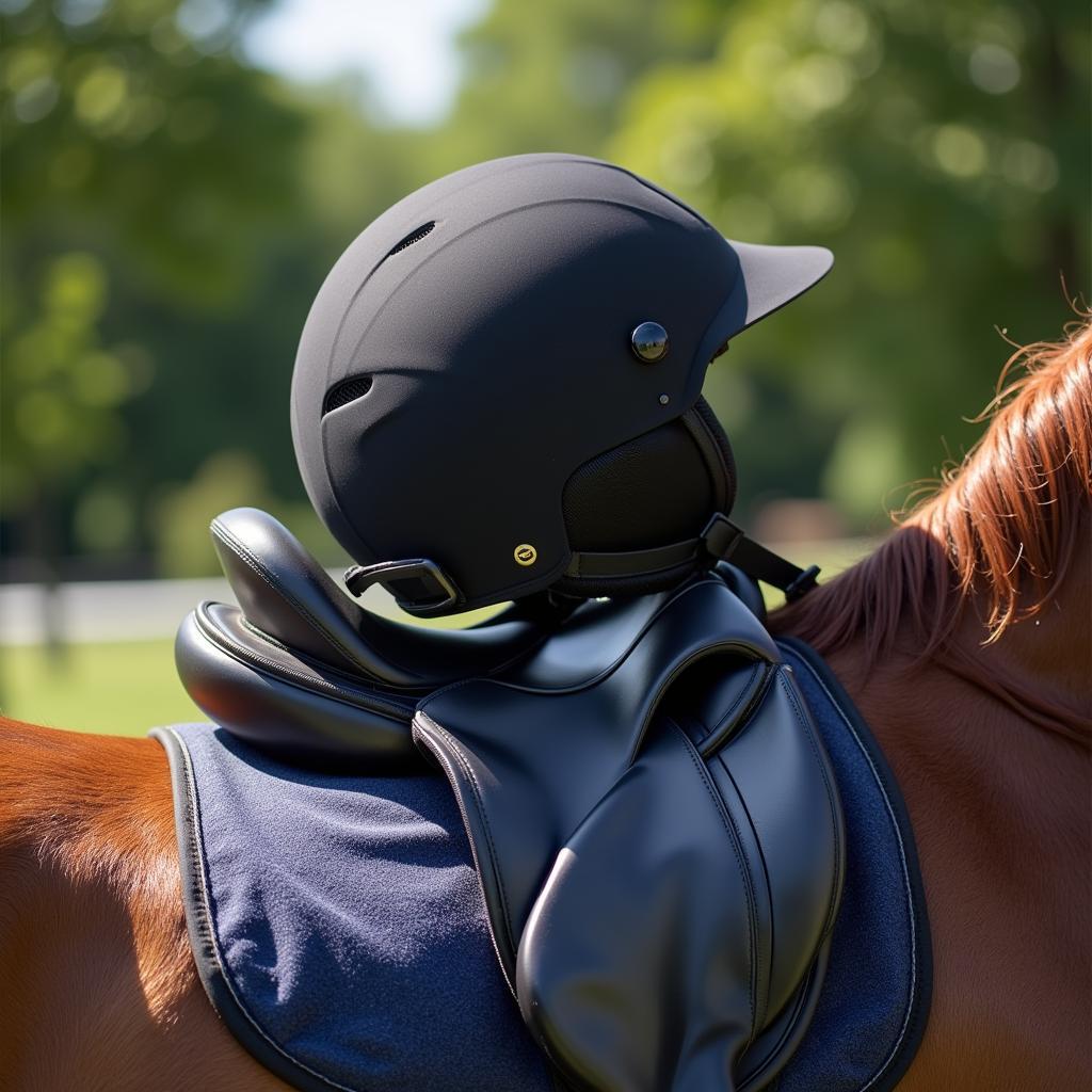 Close-up of riding helmet and safety vest