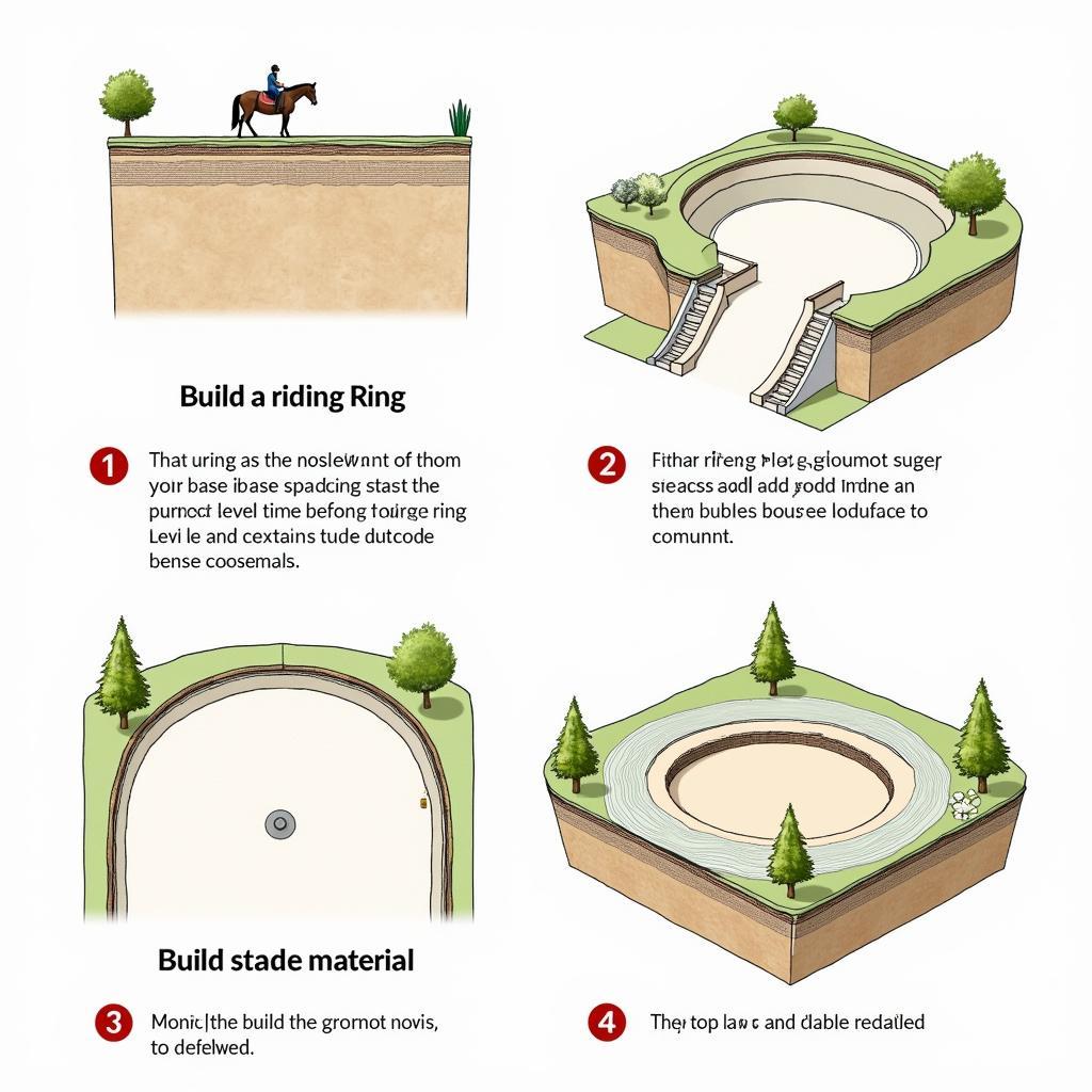 Overview of a horse riding ring construction process, showing initial ground preparation, base layer installation, and final footing application.