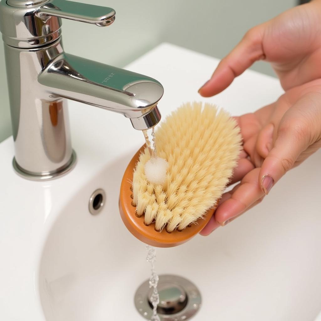 Rinsing a horse hair brush under warm water with mild detergent