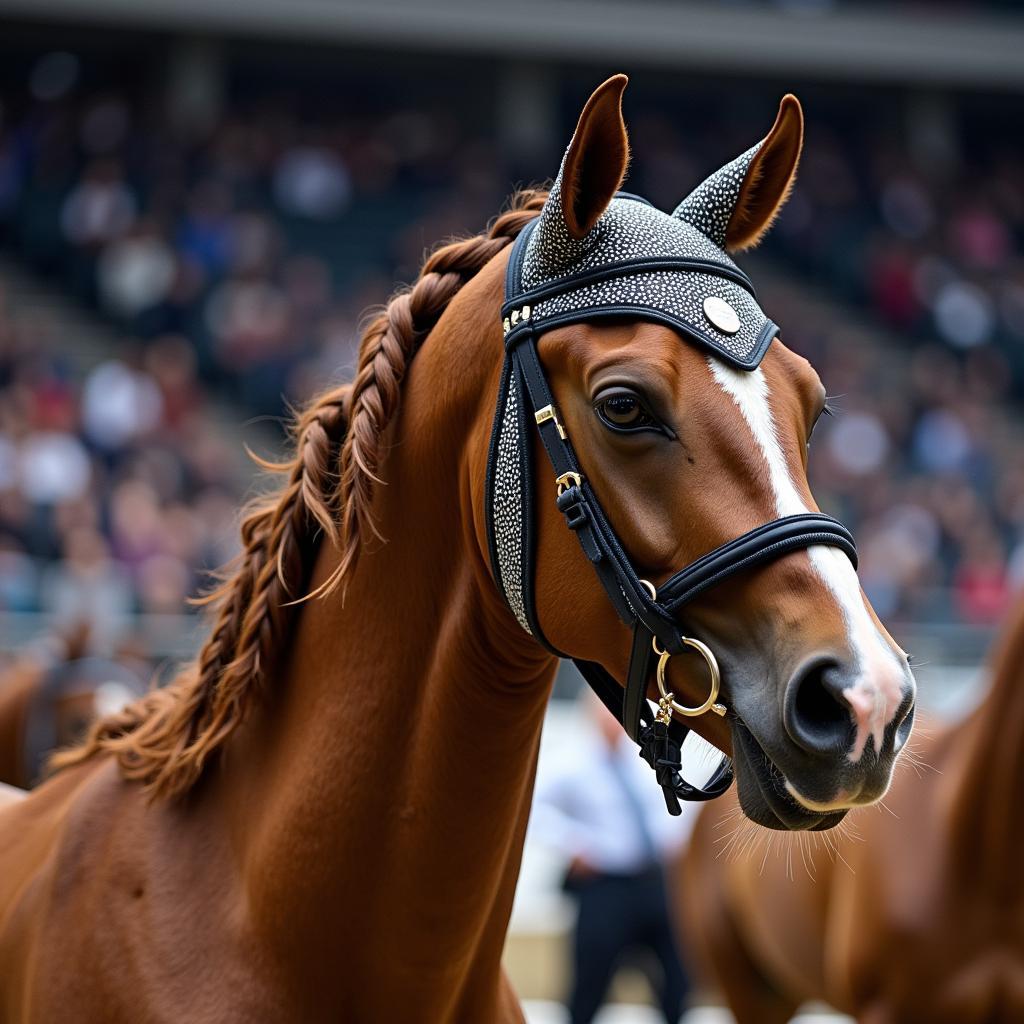 Horse Wearing Show Bonnet in Arena