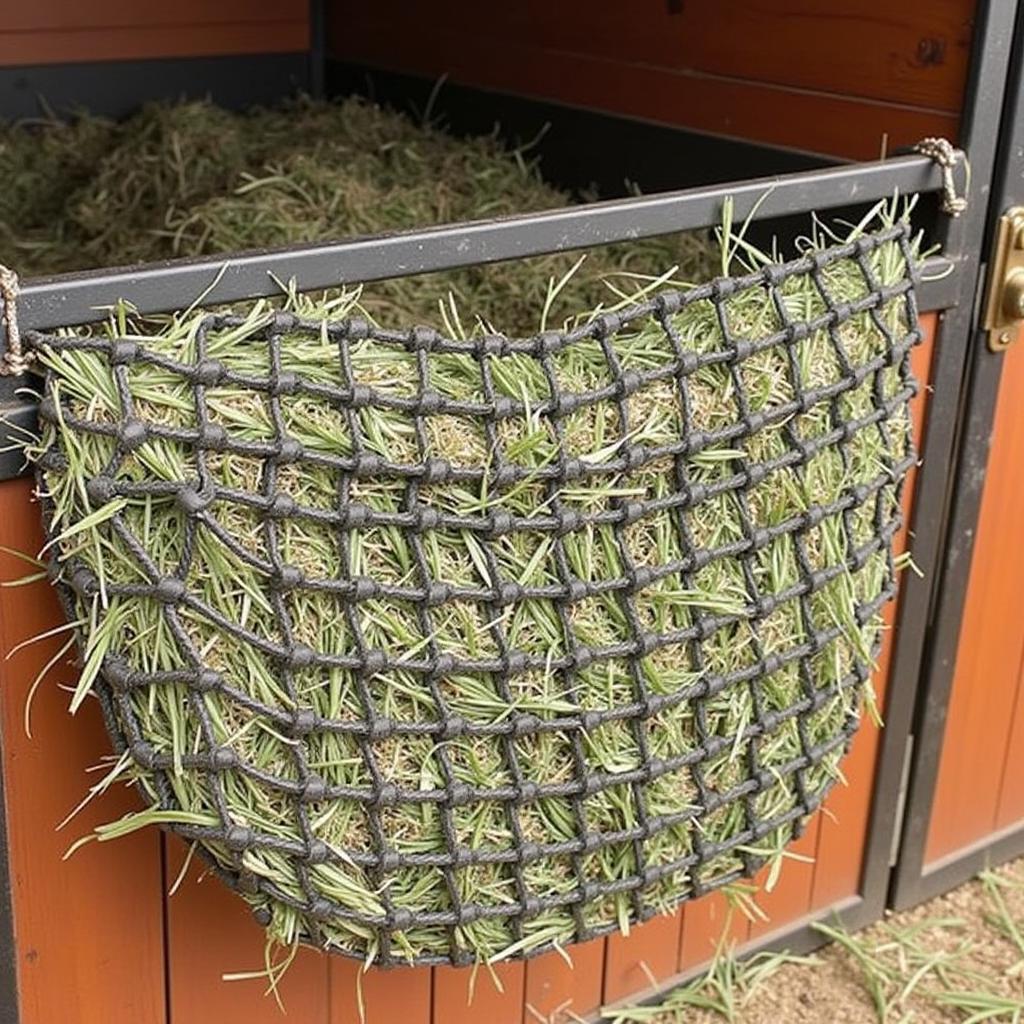 Slow Feed Hay Net for Horses in a Stall