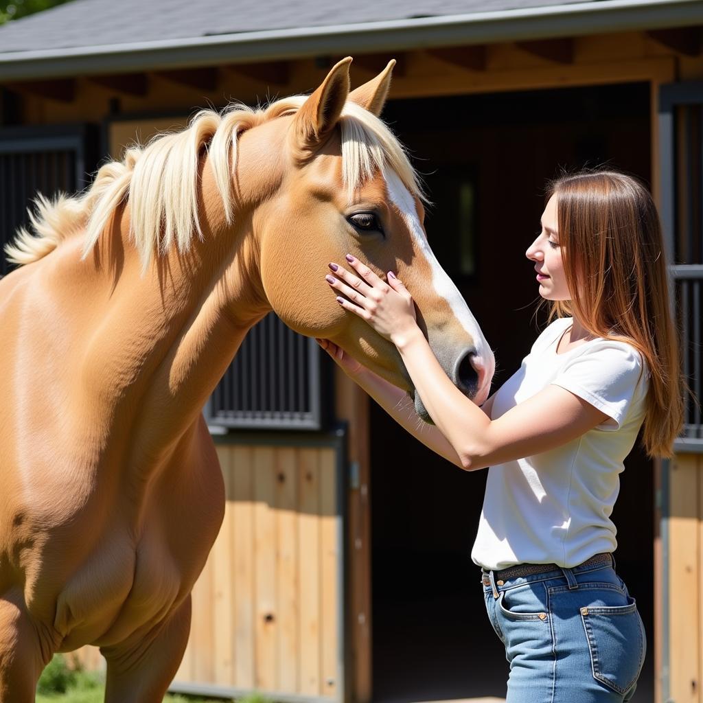 Grooming a horse in spring