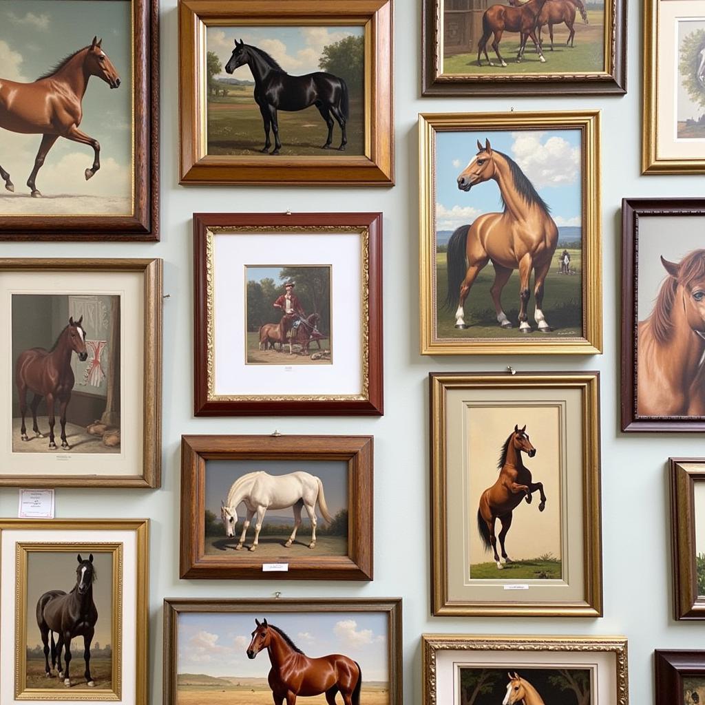 Gallery wall showcasing various horse framed art pieces