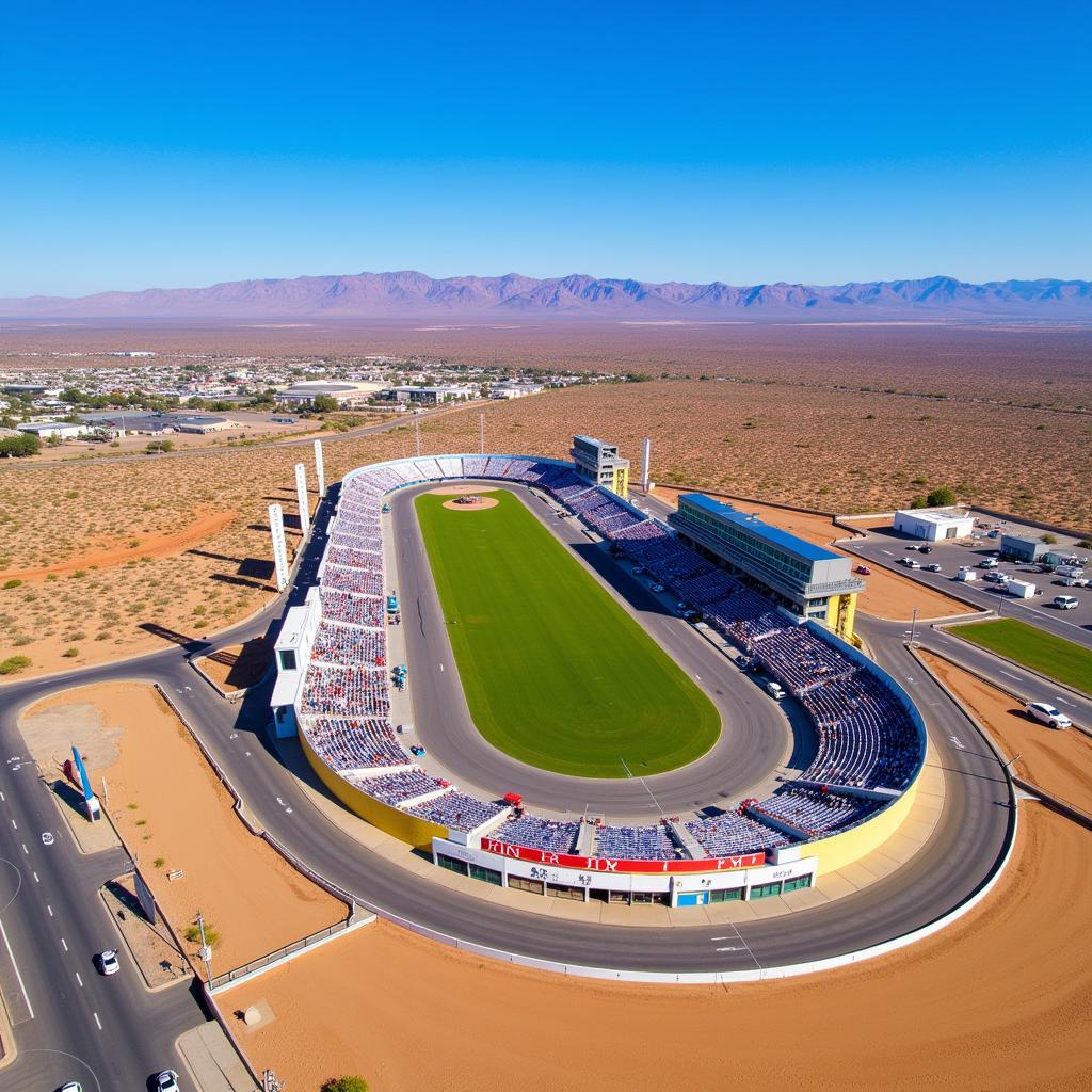 Aerial view of Sunland Park Racetrack and Casino showing the track, grandstands, and surrounding area.