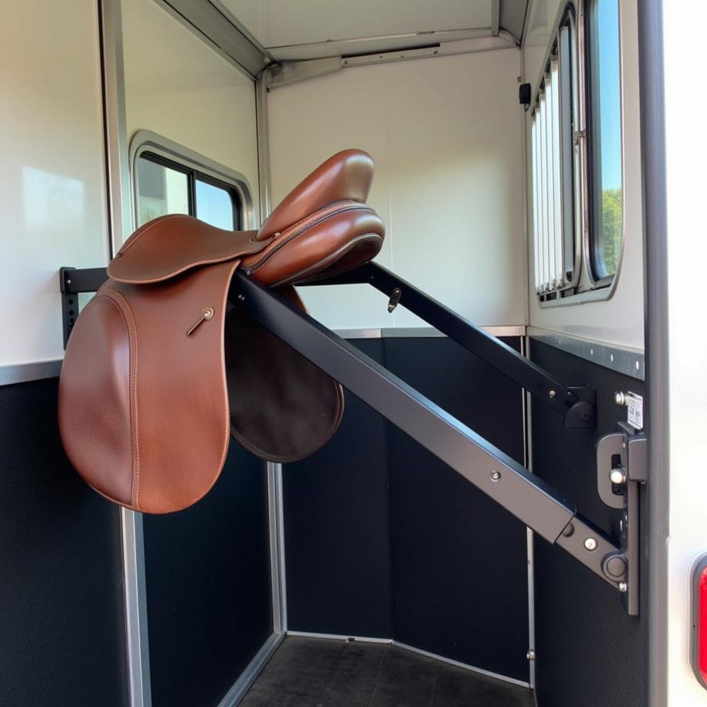 Horse trailer swing out saddle rack in use, showing easy access to the saddle.