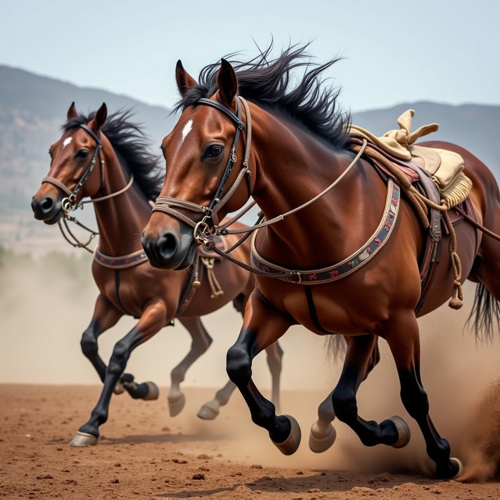 Team roping horse wearing a bit in action