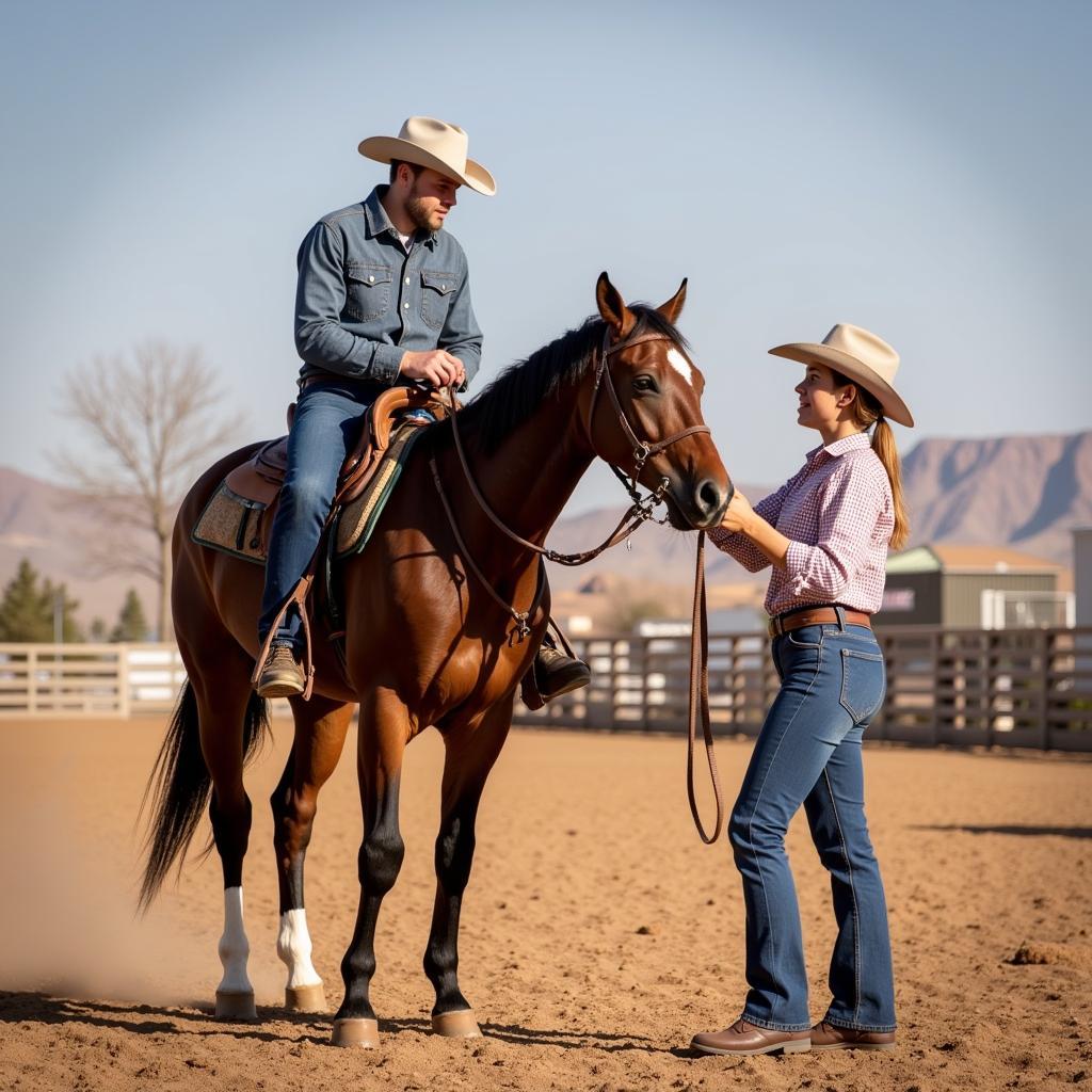 Trainer working with California Cow Horse on groundwork exercises