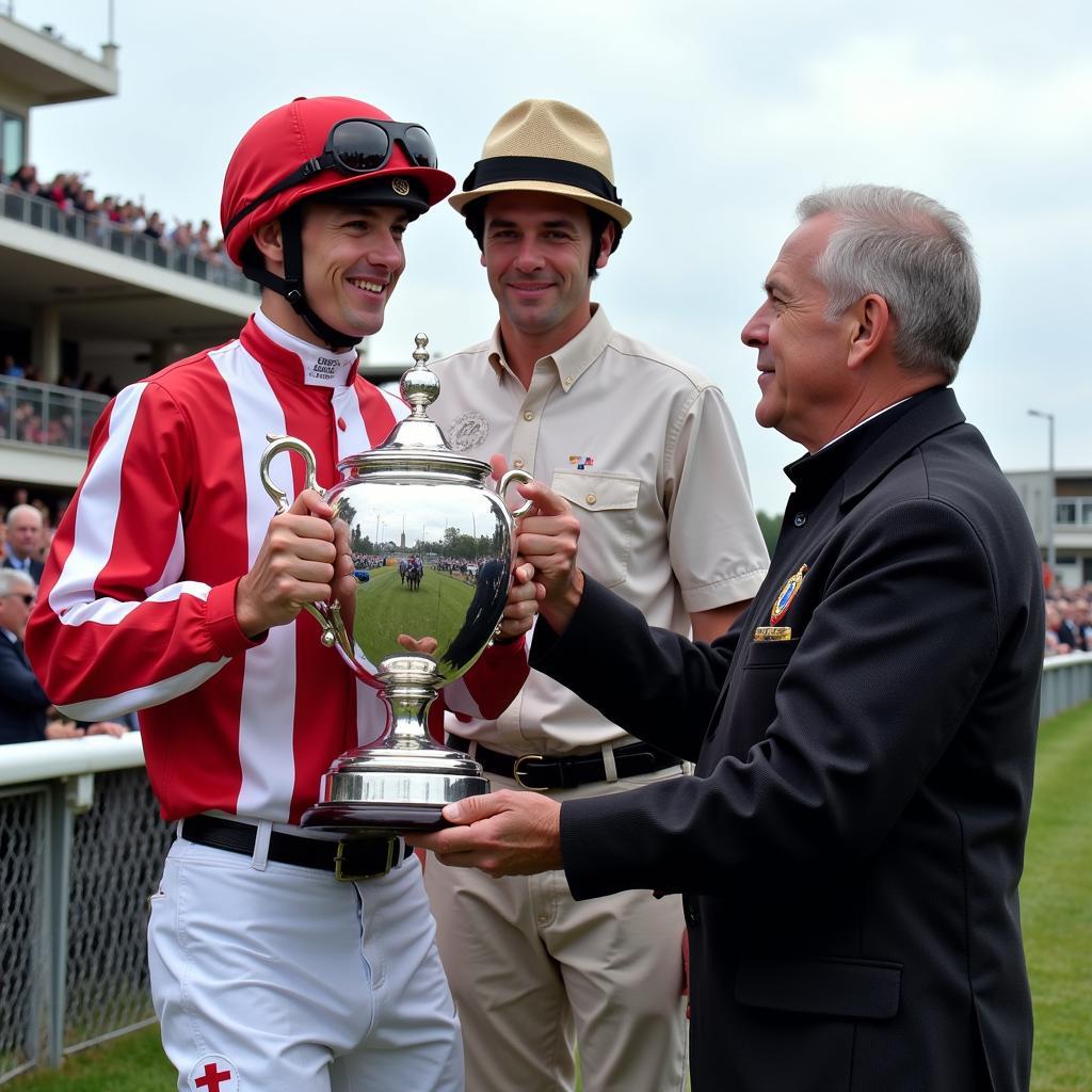 Jockey receiving a horse racing trophy during a presentation ceremony.