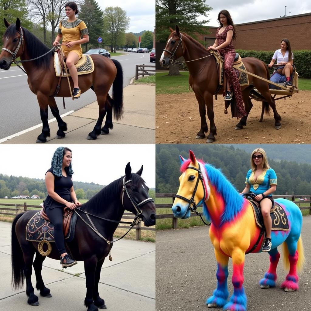 Unique and imaginative horse and rider costumes including historical figures, movie characters, and abstract themes.