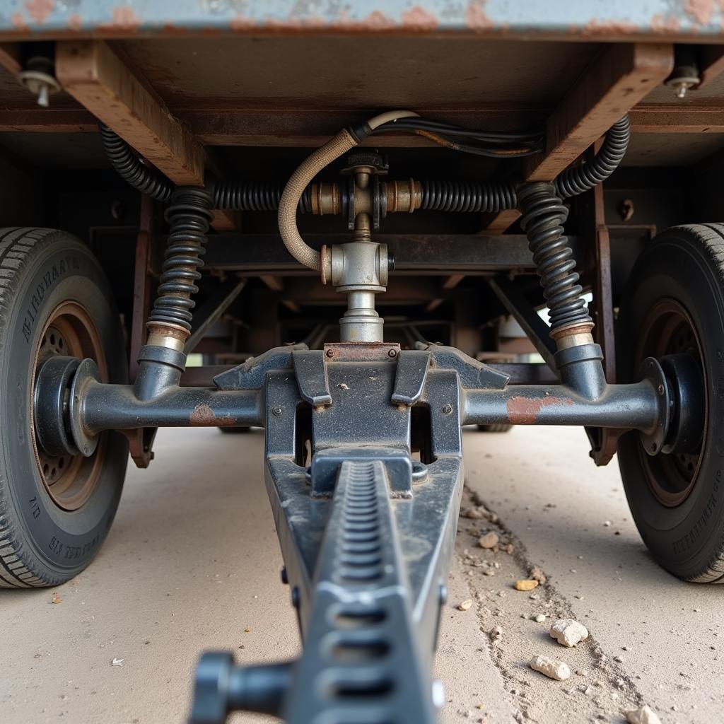 Detailed view of the undercarriage of a used horse trailer highlighting the axles, brakes, and frame