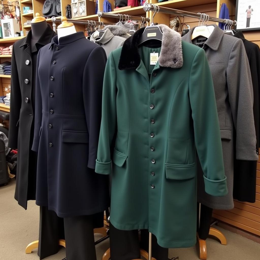 Different styles and colors of show coats hanging on display