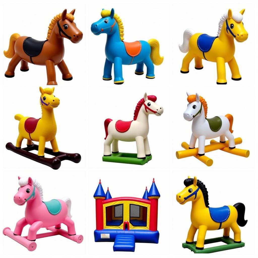 Different types of bounce horses, including spring riders and inflatable bouncers