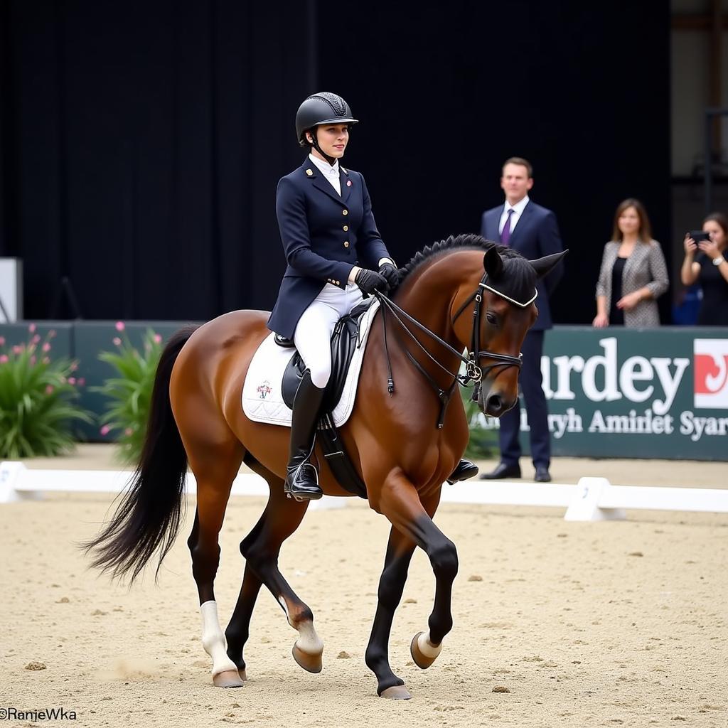 Versatile Horse Competing in Multiple Disciplines: Horse and rider participating in a dressage competition.