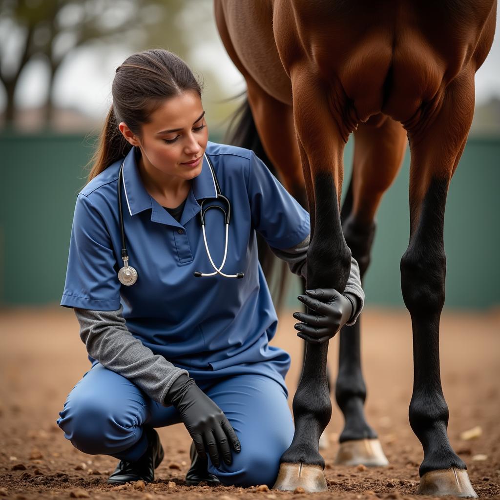 Veterinarian Examining a Horse's Leg Injury