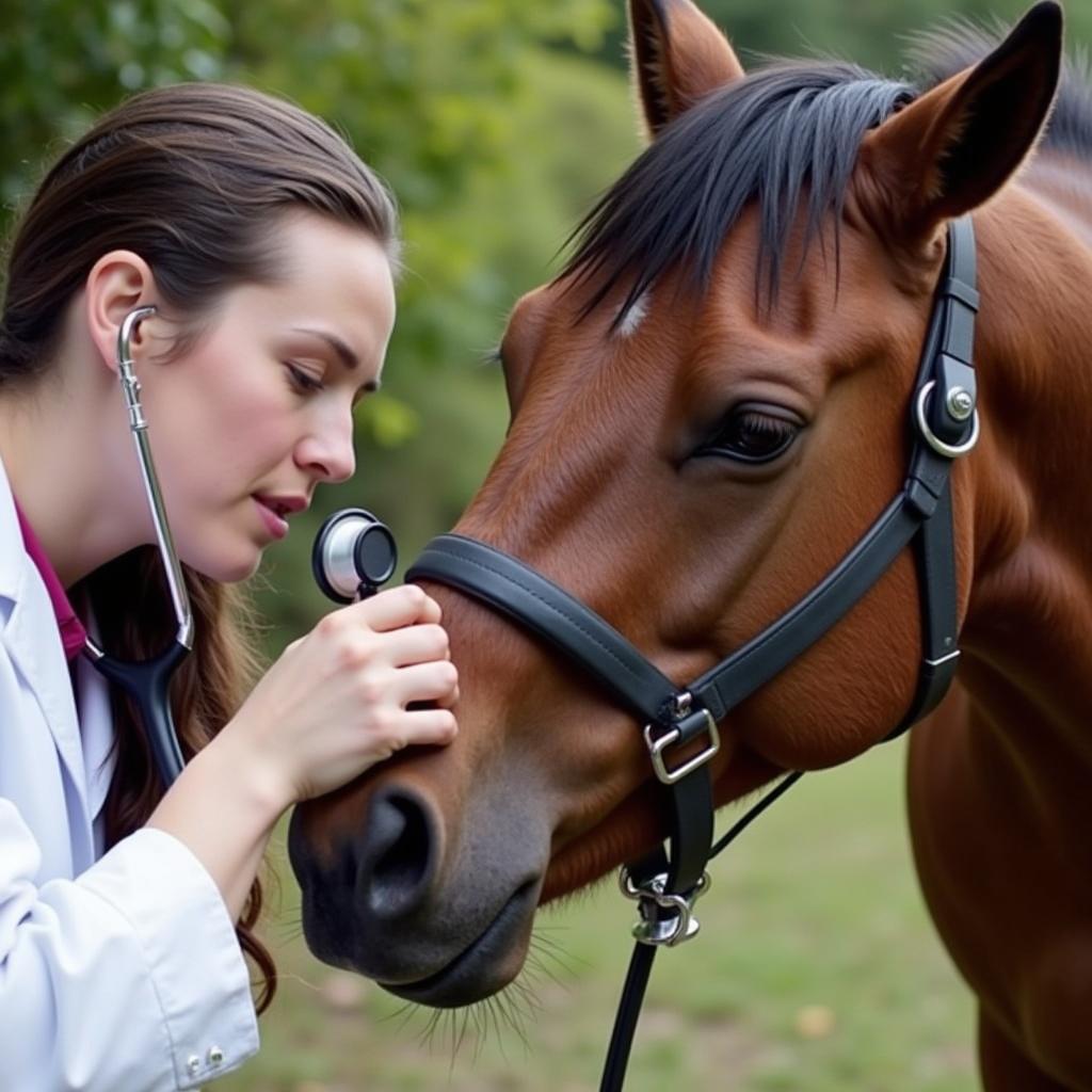 A veterinarian examining a horse displaying flared nostrils using a stethoscope.