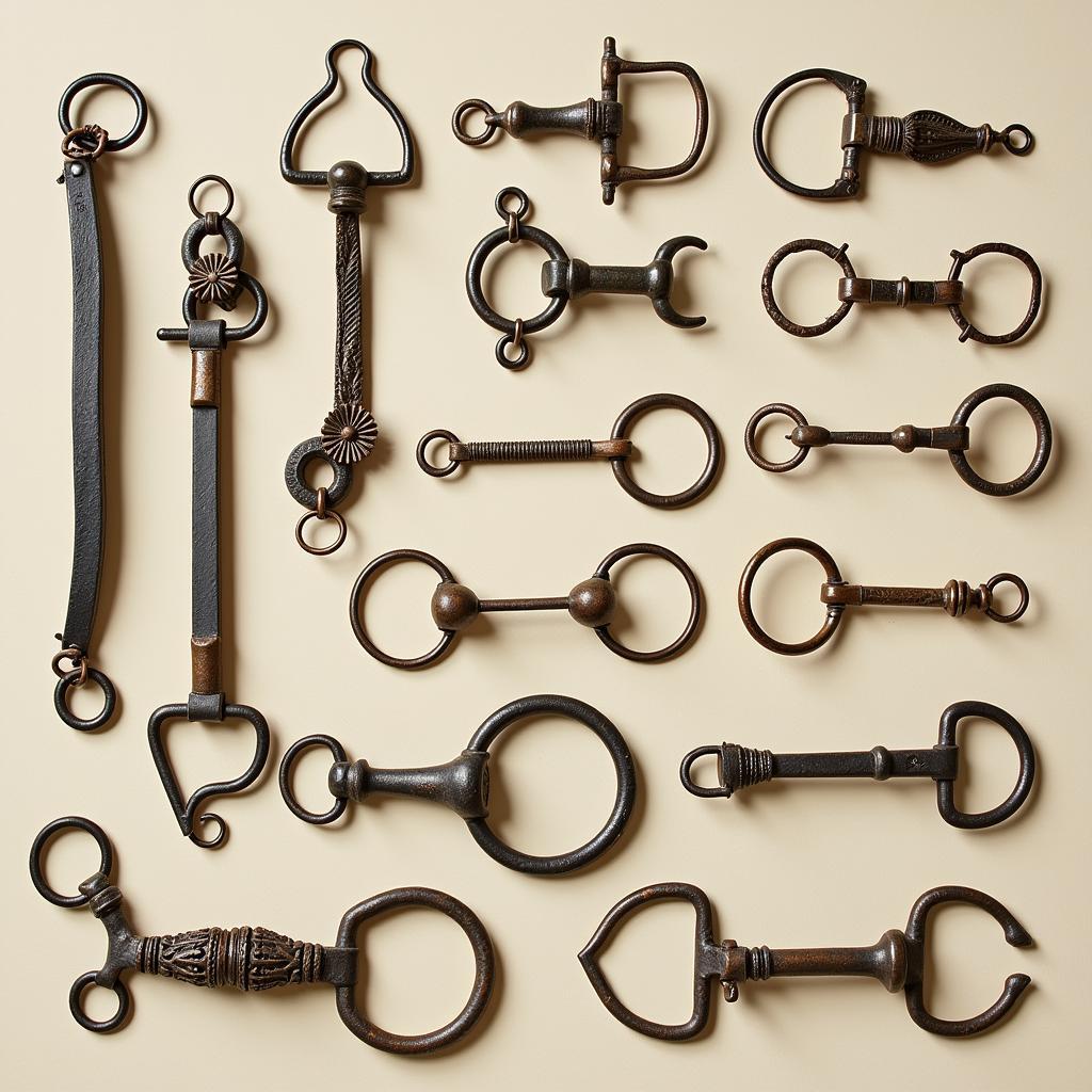 A collection of various vintage horse bits showcasing different styles and designs.