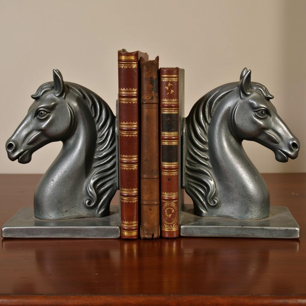 Antique Metal Horse Bookends with Detailed Design