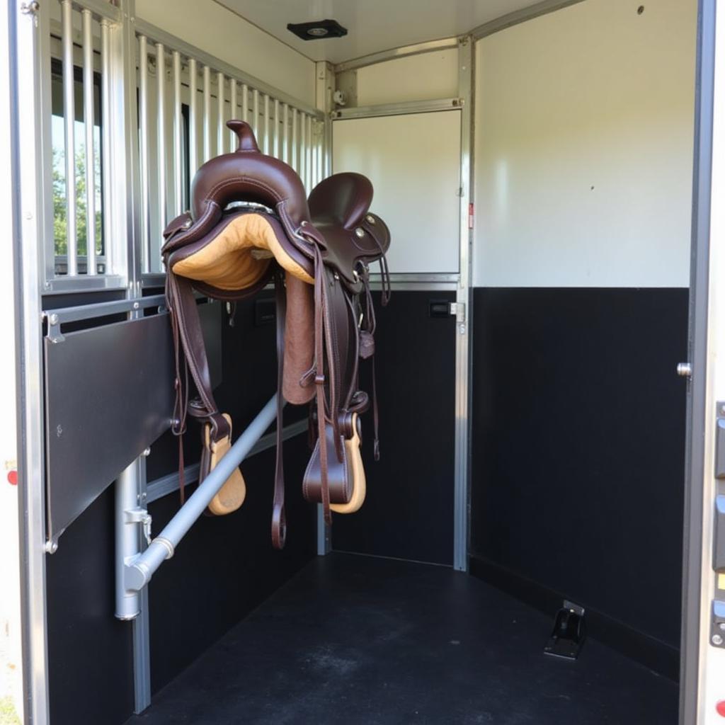 Wall Mounted Saddle Rack in Horse Trailer