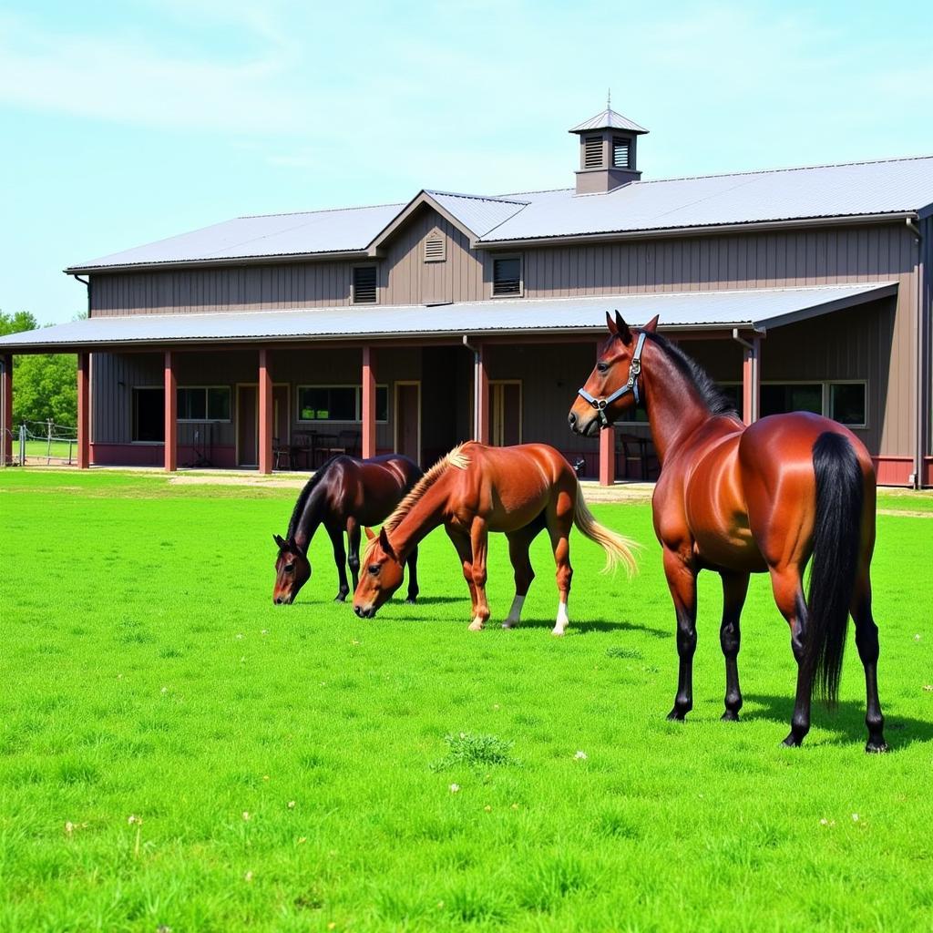 Horses grazing in a paddock adjacent to a western horse barn.