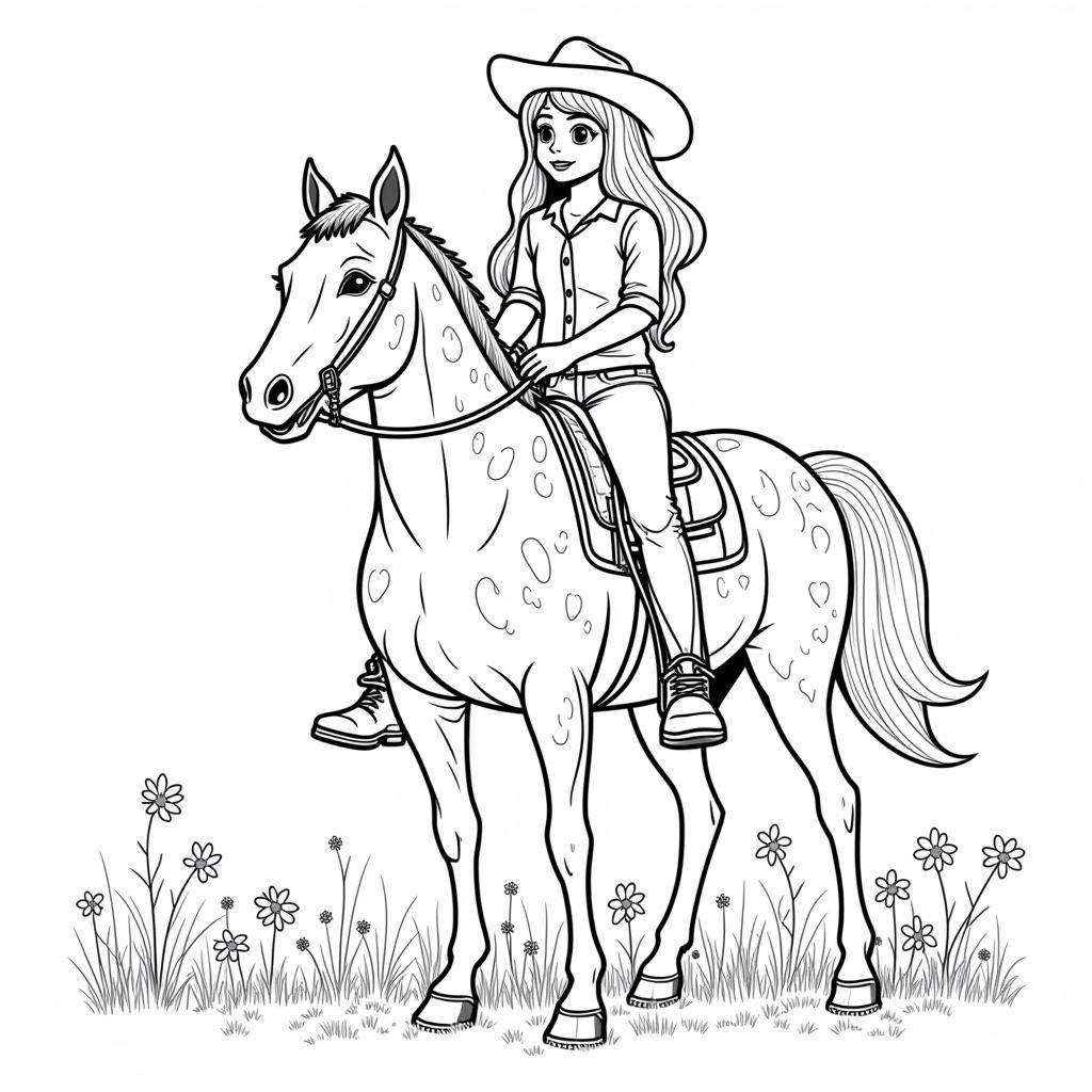 A young girl riding an Appaloosa horse in a field of wildflowers.