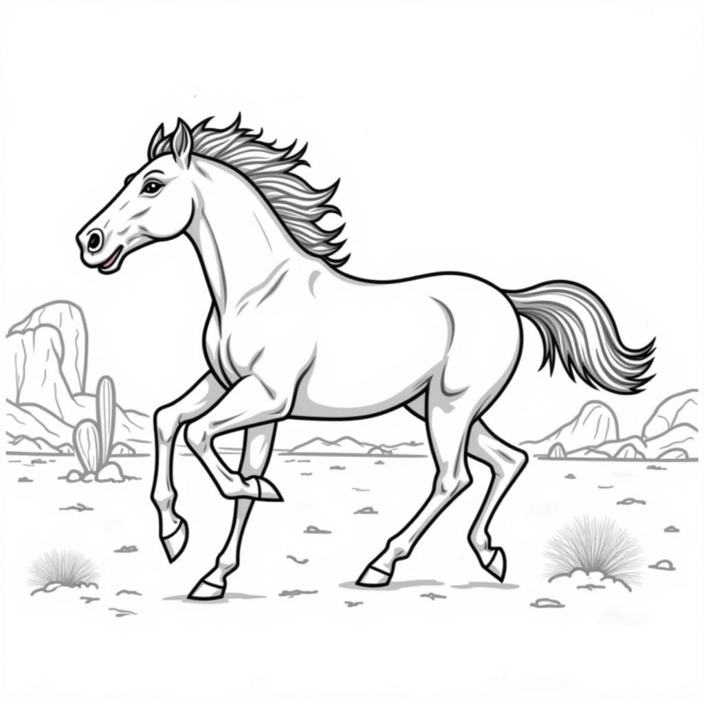 A black and white illustration of a Mustang horse running through a desert landscape, mane and tail flowing in the wind, ready to be colored