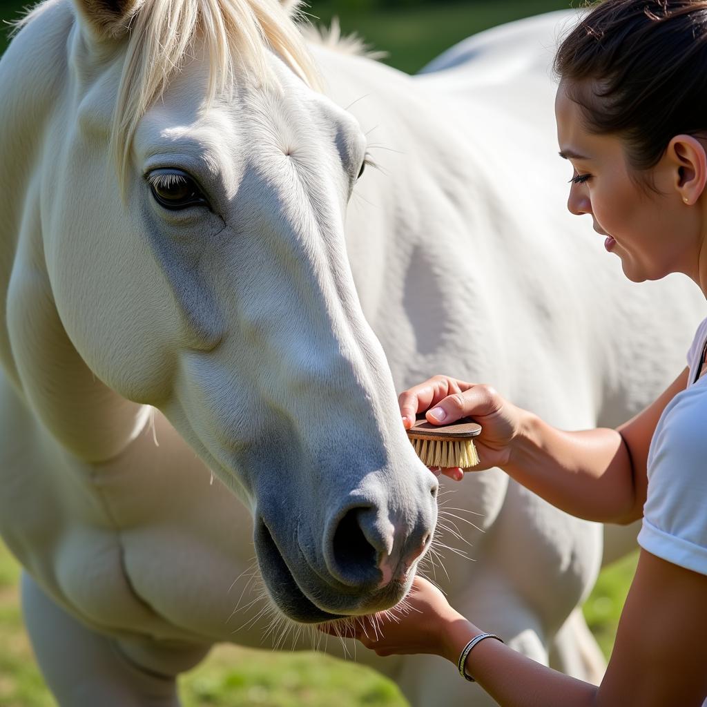 A person grooming a white horse, focusing on cleaning the coat.