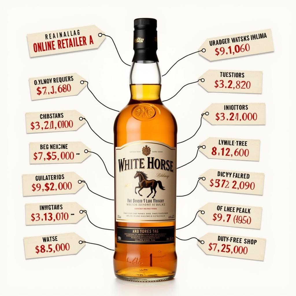 White Horse Scotch Whisky Bottle with Price Tags for Different Retailers