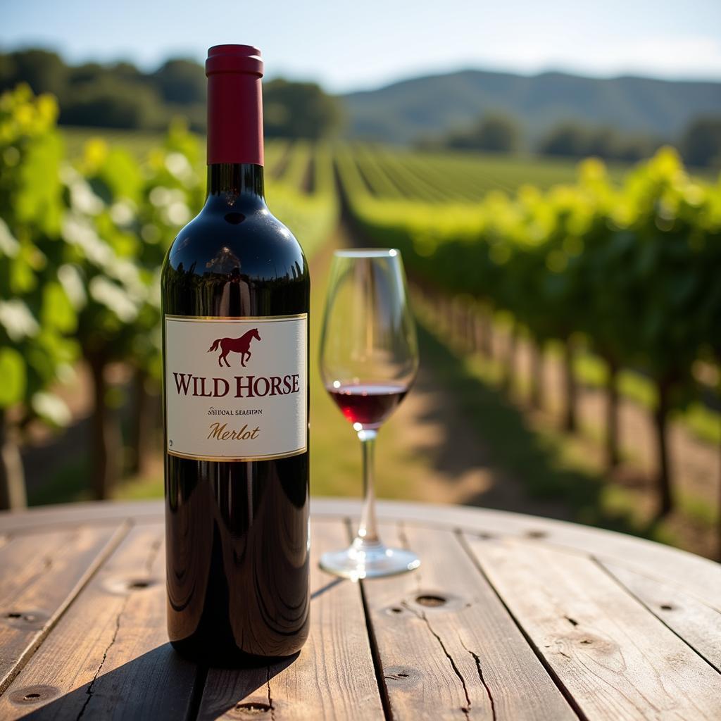 Closeup of a Wild Horse Merlot bottle with vineyard in background