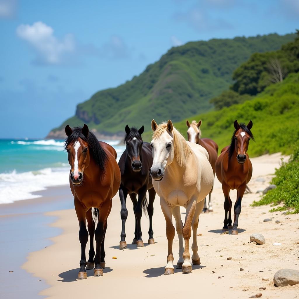 Wild Horses Roaming a Puerto Rican Beach