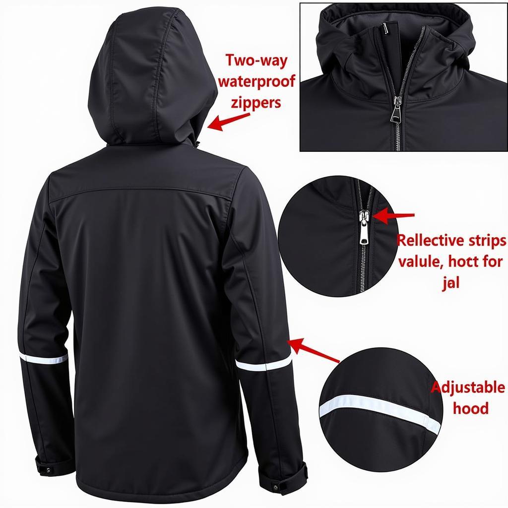 Close-up of winter horse riding jacket features, including waterproof zippers and reflective strips.