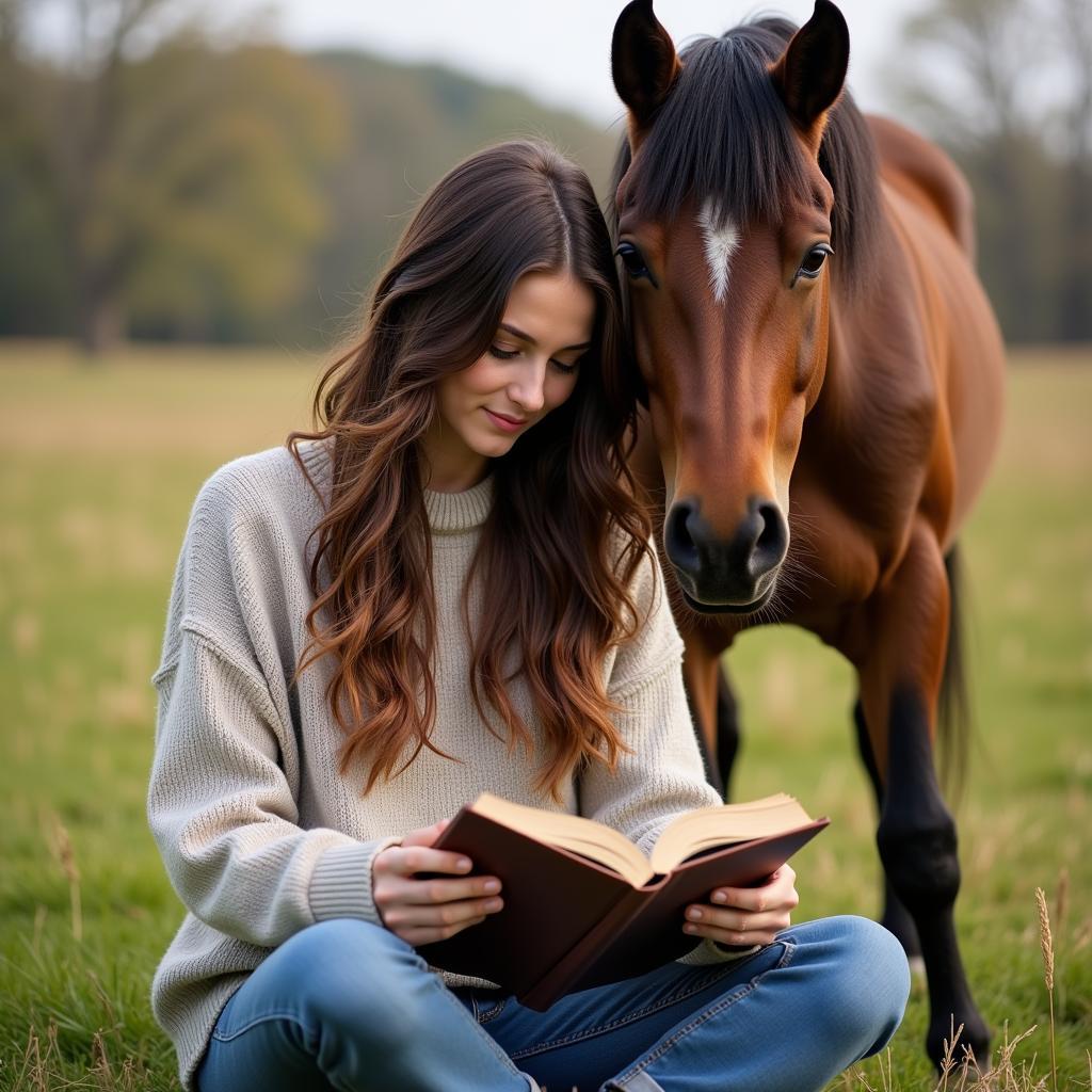 A woman sits in a field, reading a horse therapy book with her horse standing beside her.