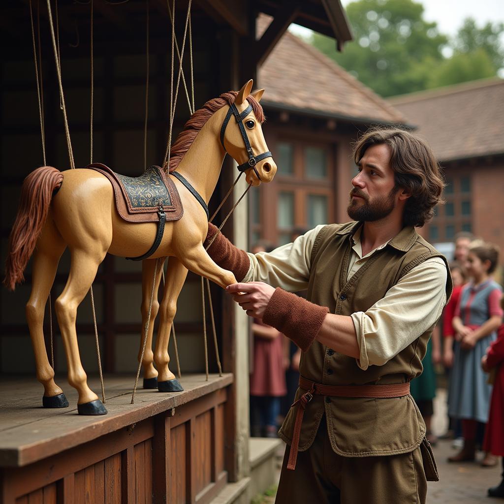 A historical depiction of a wooden horse puppet being used in a traditional puppet show.