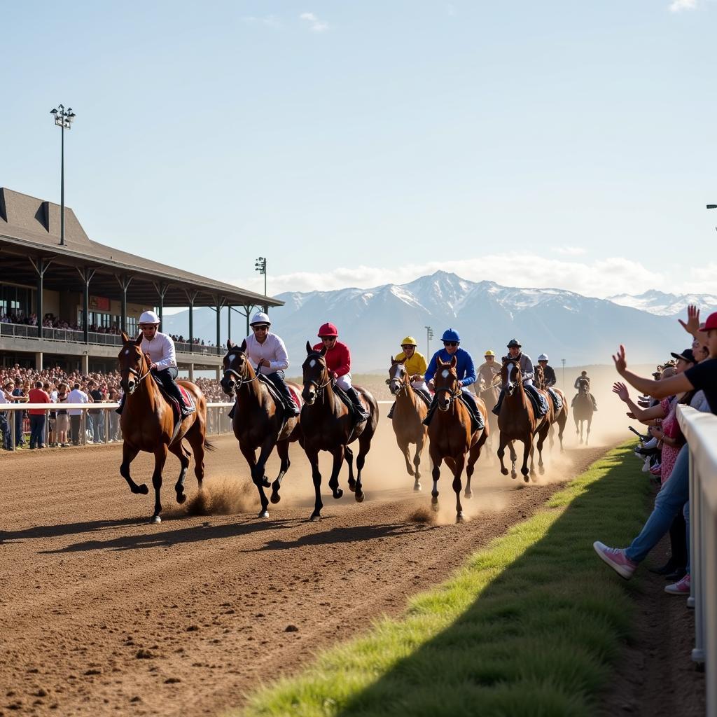 A vibrant horse racing event taking place at a Wyoming racetrack