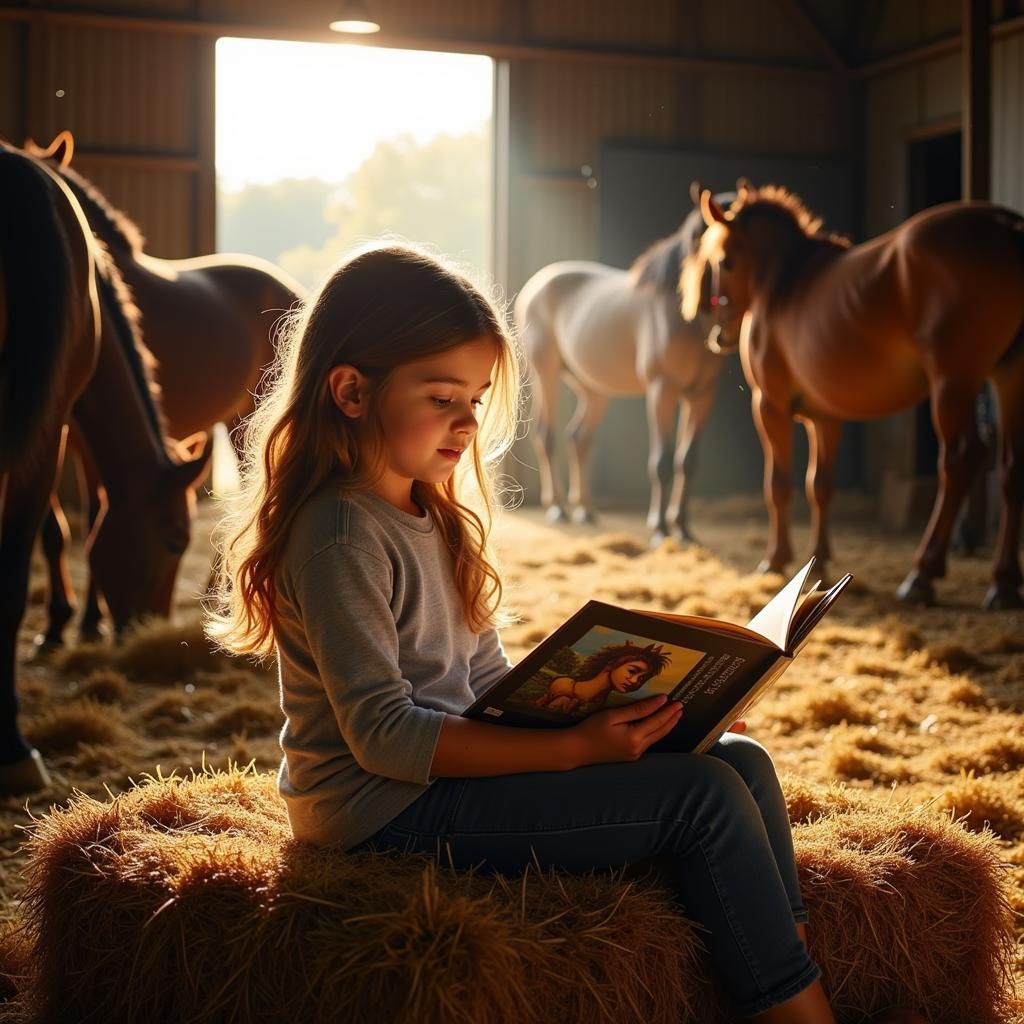 A young girl engrossed in a horse book series while sitting in a stable, surrounded by horses.